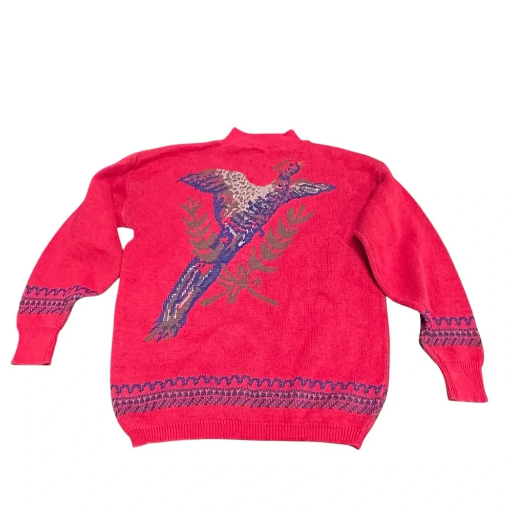 Vintage Koret Bird Novelty Sweater Red Graphic Knit Made‎ in USA Large